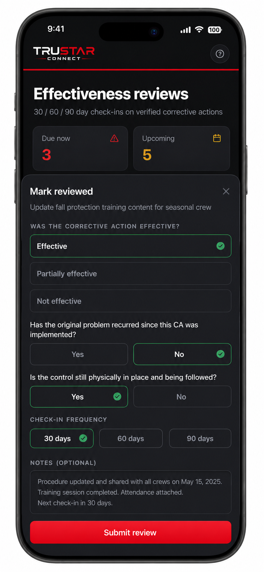 Screenshot of Corrective action effectiveness checks to ensure the fix worked.