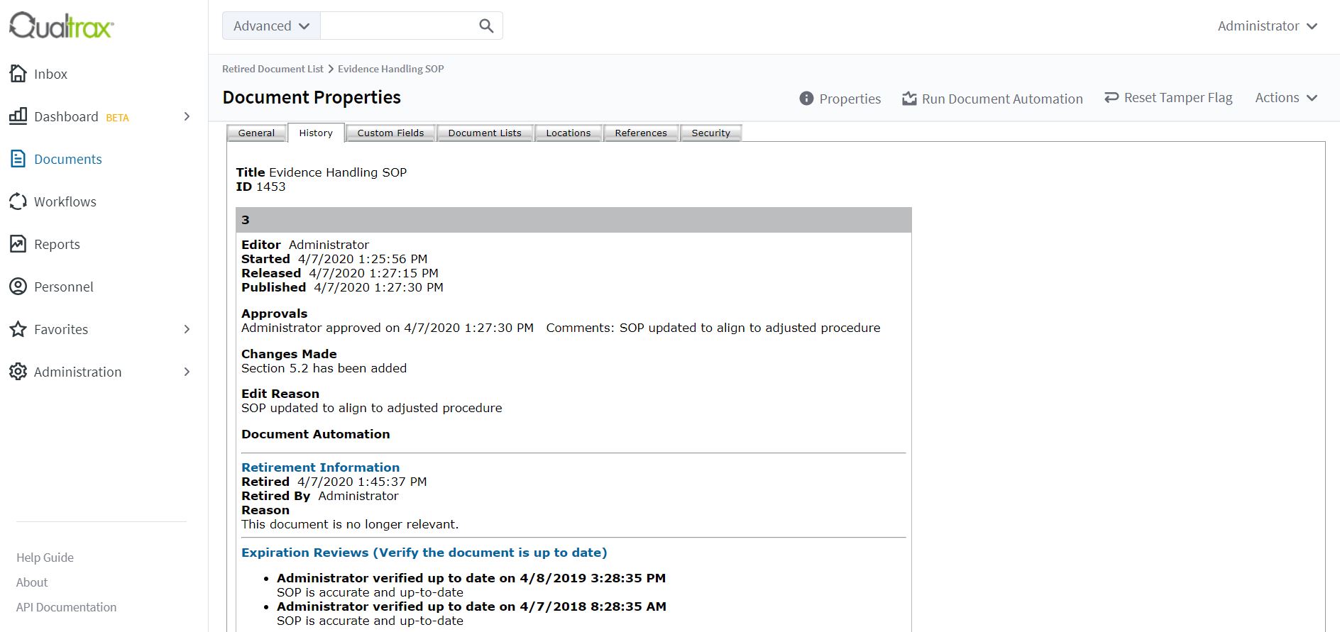 Screenshot of Document History