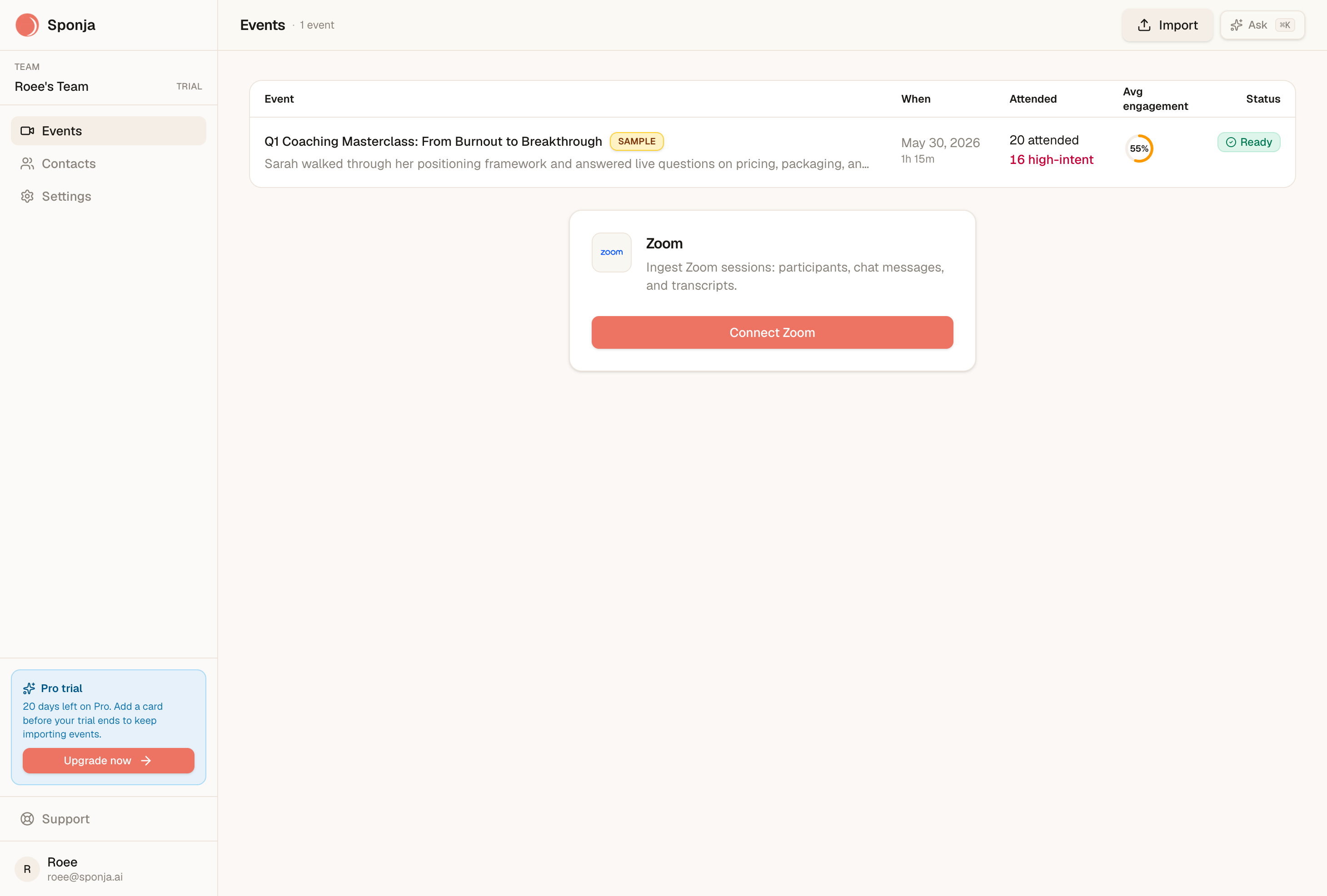 Screenshot of Events dashboard with attendance, engagement, and high-intent lead counts