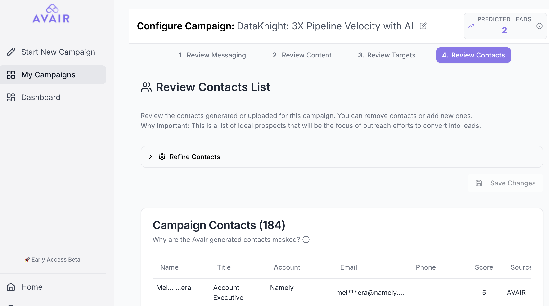 Screenshot of Contacts Generated