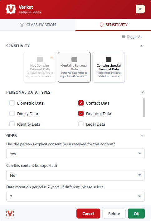 Screenshot of Veriket provides a classification interface that guides users through selecting the appropriate sensitivity level for documents. Classification options, descriptions, and policy guidance can be centrally configured to help users make consistent classification decisions and support organizational data governance policies.