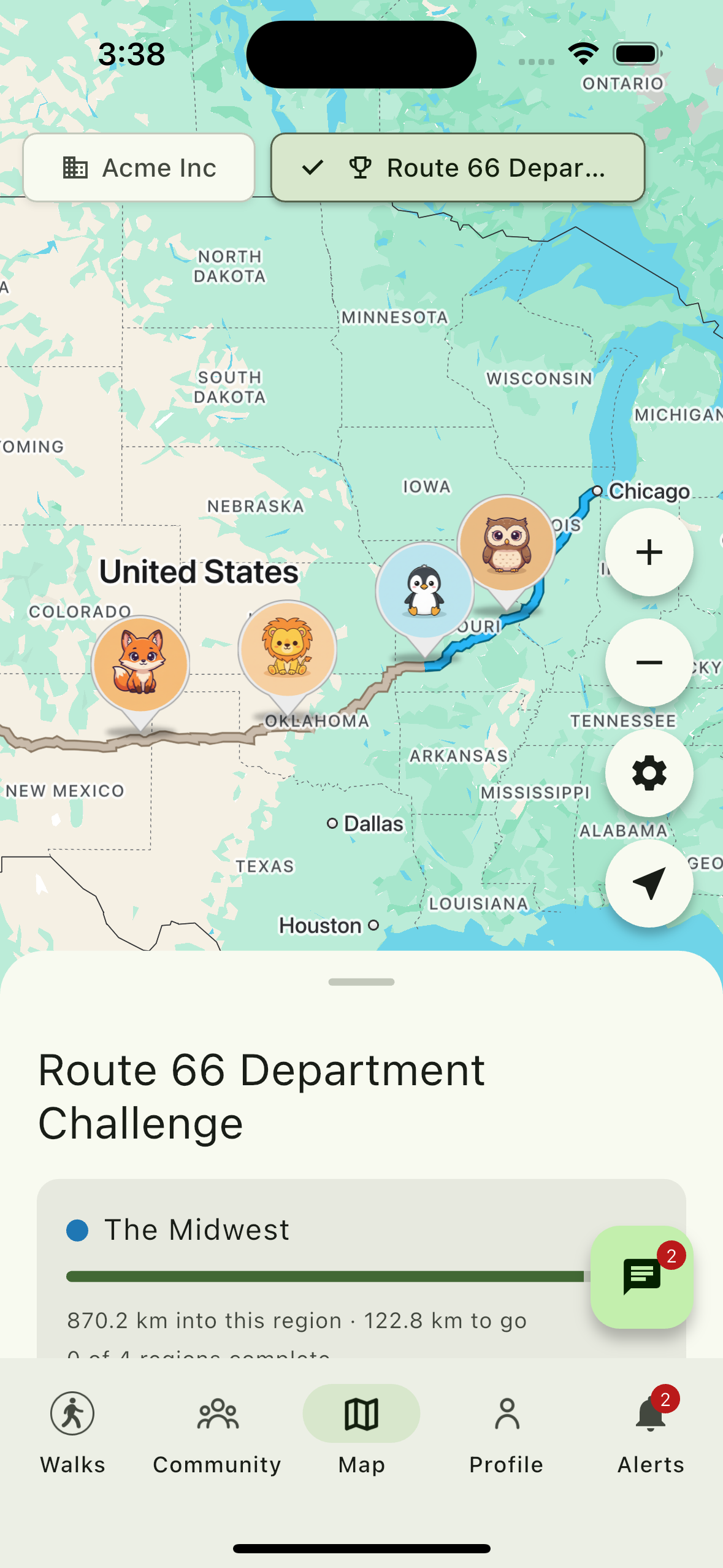 Screenshot of Teams virtually walk iconic trails like Route 66; real steps advance the whole team across an interactive map, region by region.