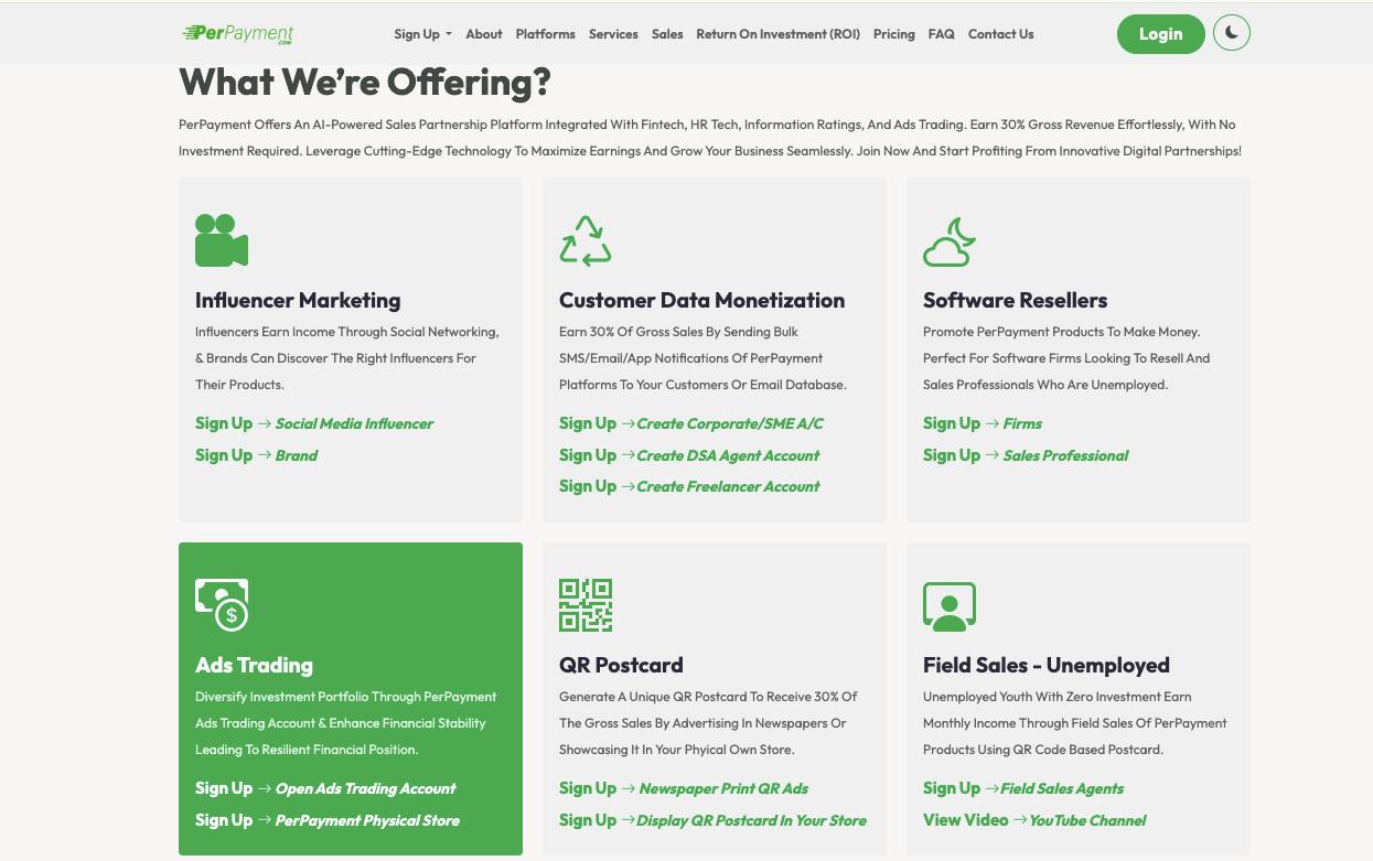 Screenshot of an overview of PerPayment Ads Trading. With a one-time $1,000 fee, clients get a dedicated account manager and access to managed ad trading with budgets from $25,000 to $1 million.
