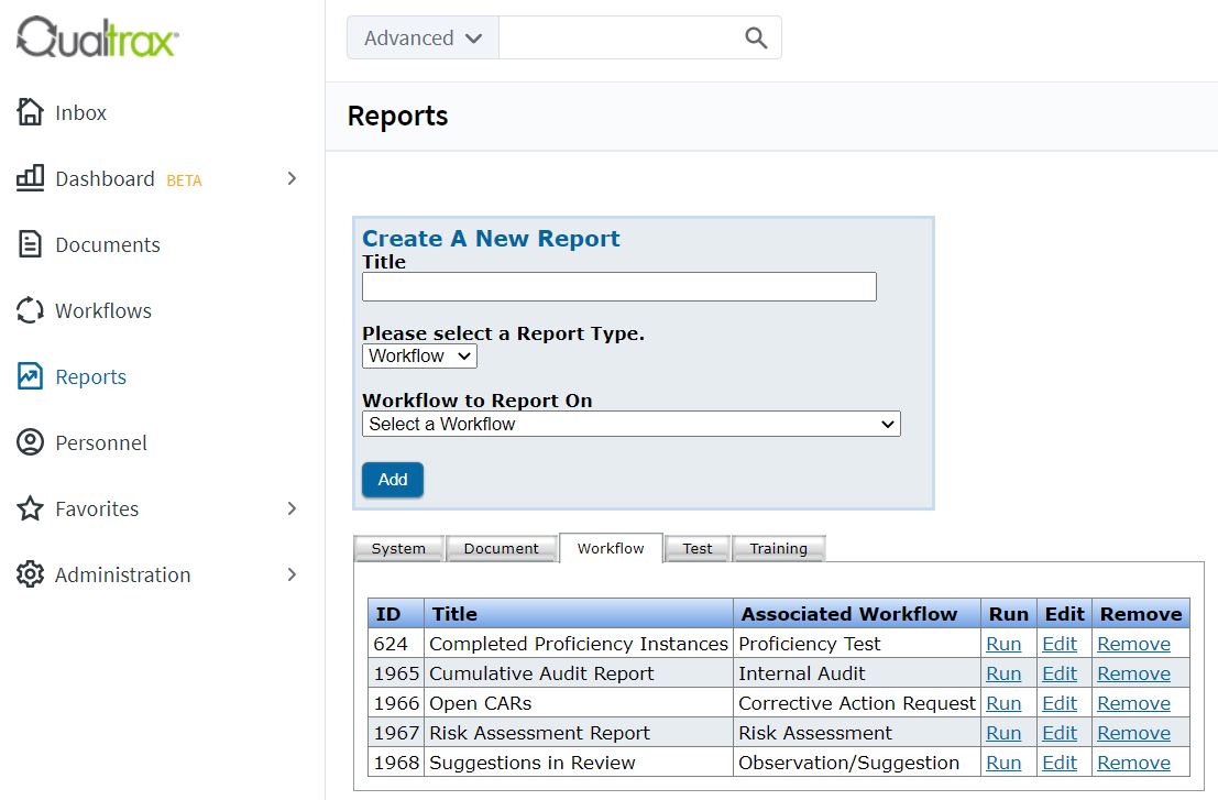 Screenshot of Custom Workflow Reports
