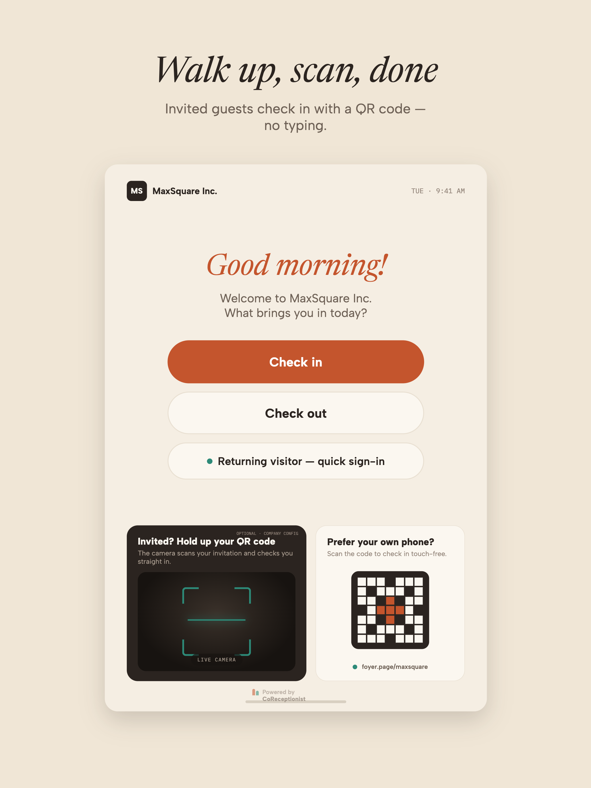 Screenshot of Branded welcome screen: check-in, check-out, returning-visitor quick sign-in, QR invite scan and touchless phone check-in