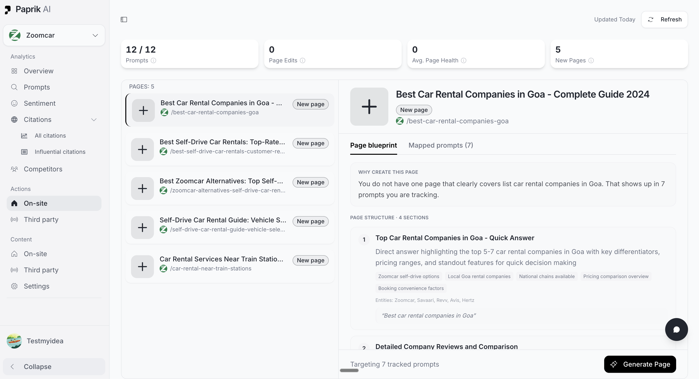 Screenshot of AI-Optimized Content Recommendations
Discover content gaps, map prompts to pages, and generate AI citation-friendly page blueprints designed to improve visibility in AI-generated answers and recommendations.