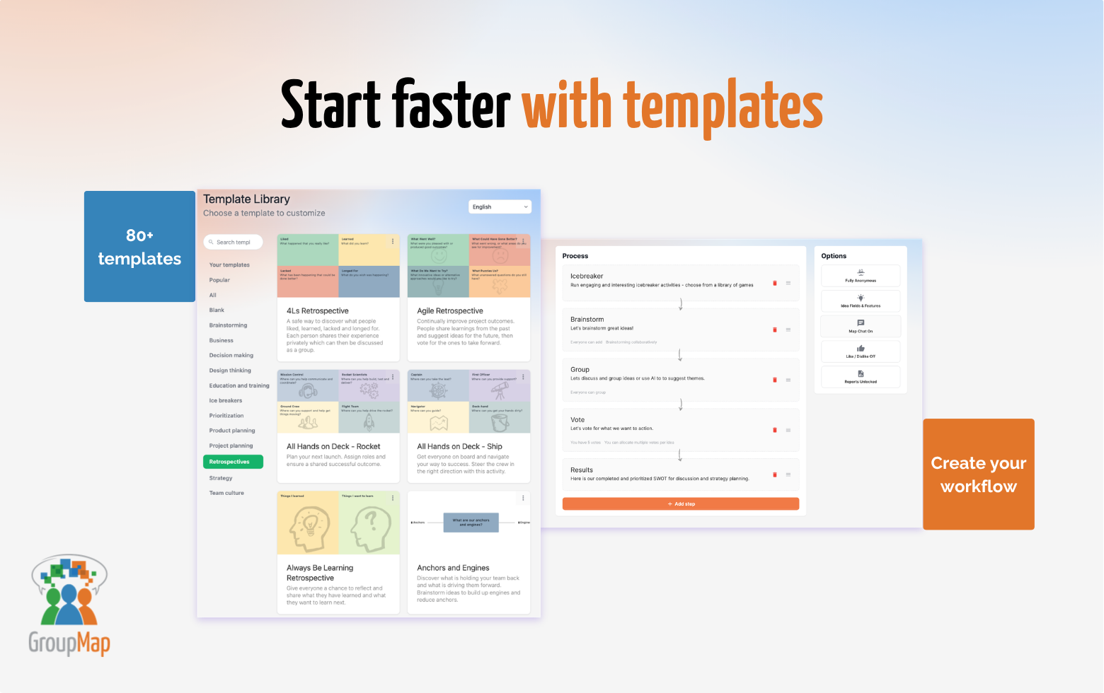 Screenshot of Start faster with templates: Choose from 80+ ready-to-use templates for brainstorming, retrospectives, planning, strategy, and group decision-making.