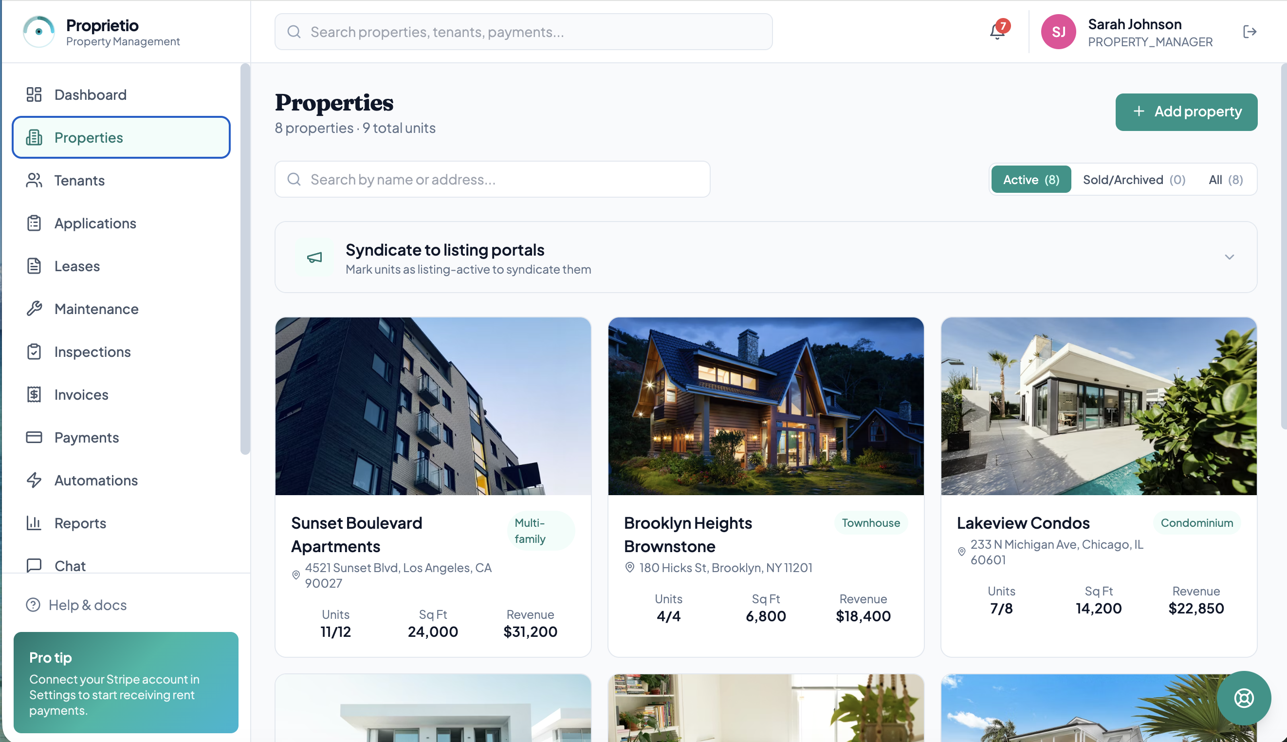 Screenshot of Properties: portfolio view with units, occupancy, square footage and revenue per property, plus one-click syndication to listing portals.