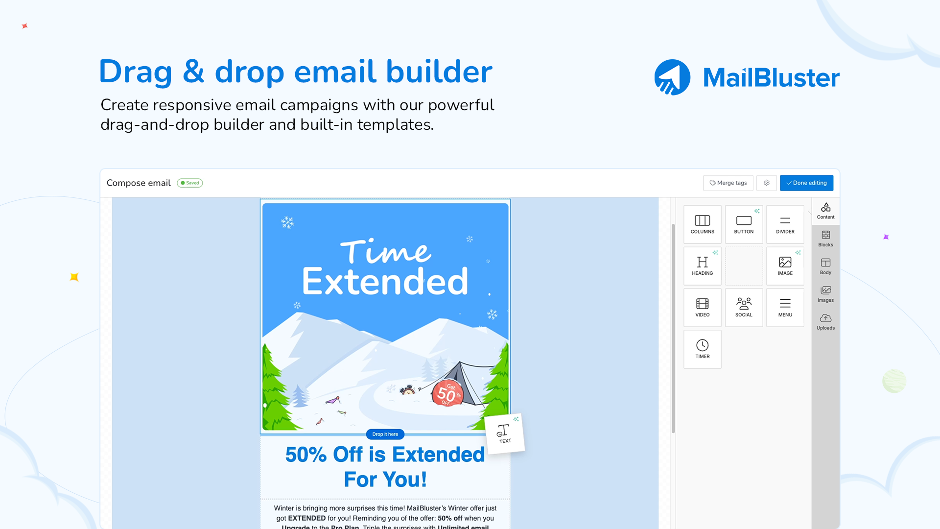 Screenshot of MailBluster's drag-and-drop email builder used to create HTML email campaigns.