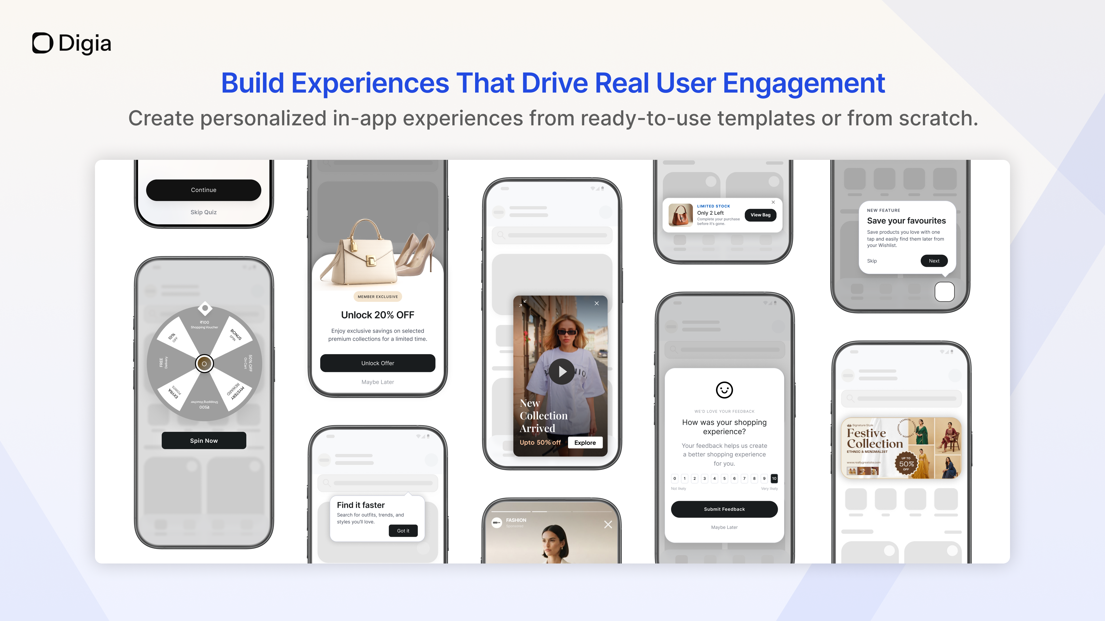 Screenshot of The library of spin-to-win wheels, offer bottom sheets, NPS surveys, feature tooltips, video stories, and low-stock alerts. Every template is fully customizable, so teams ship personalized in-app experiences without waiting on a release cycle.