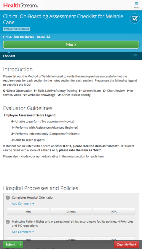 Screenshot of a Checklist clinical onboarding assessment.