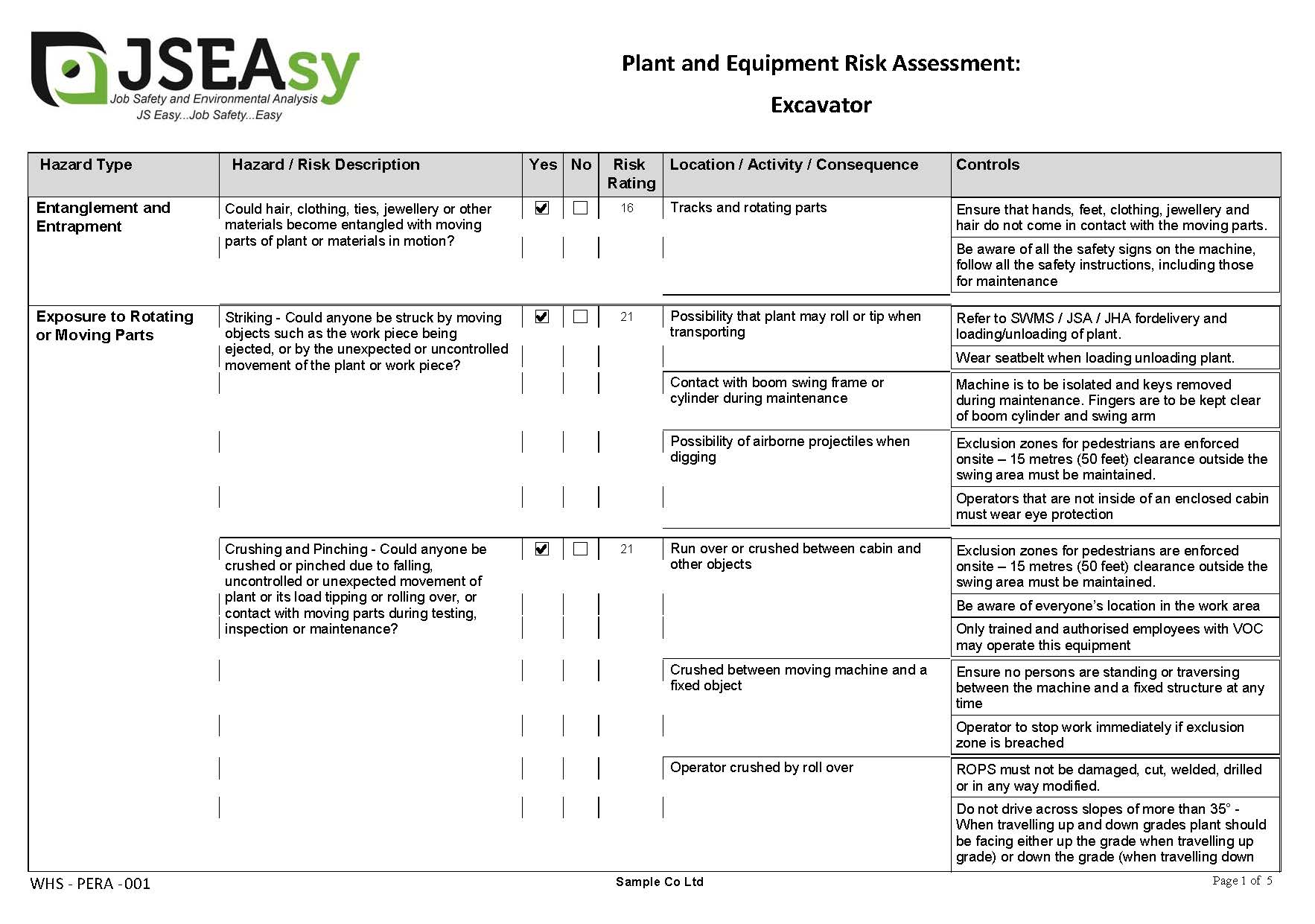 Screenshot of Plant and Equipment Risk Assessments (PERA)