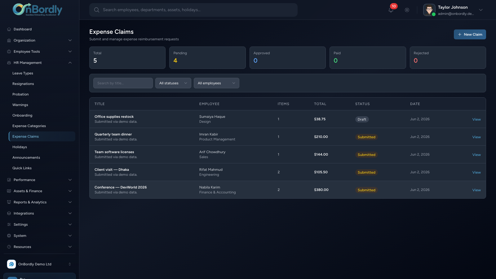 Screenshot of Expense Claim