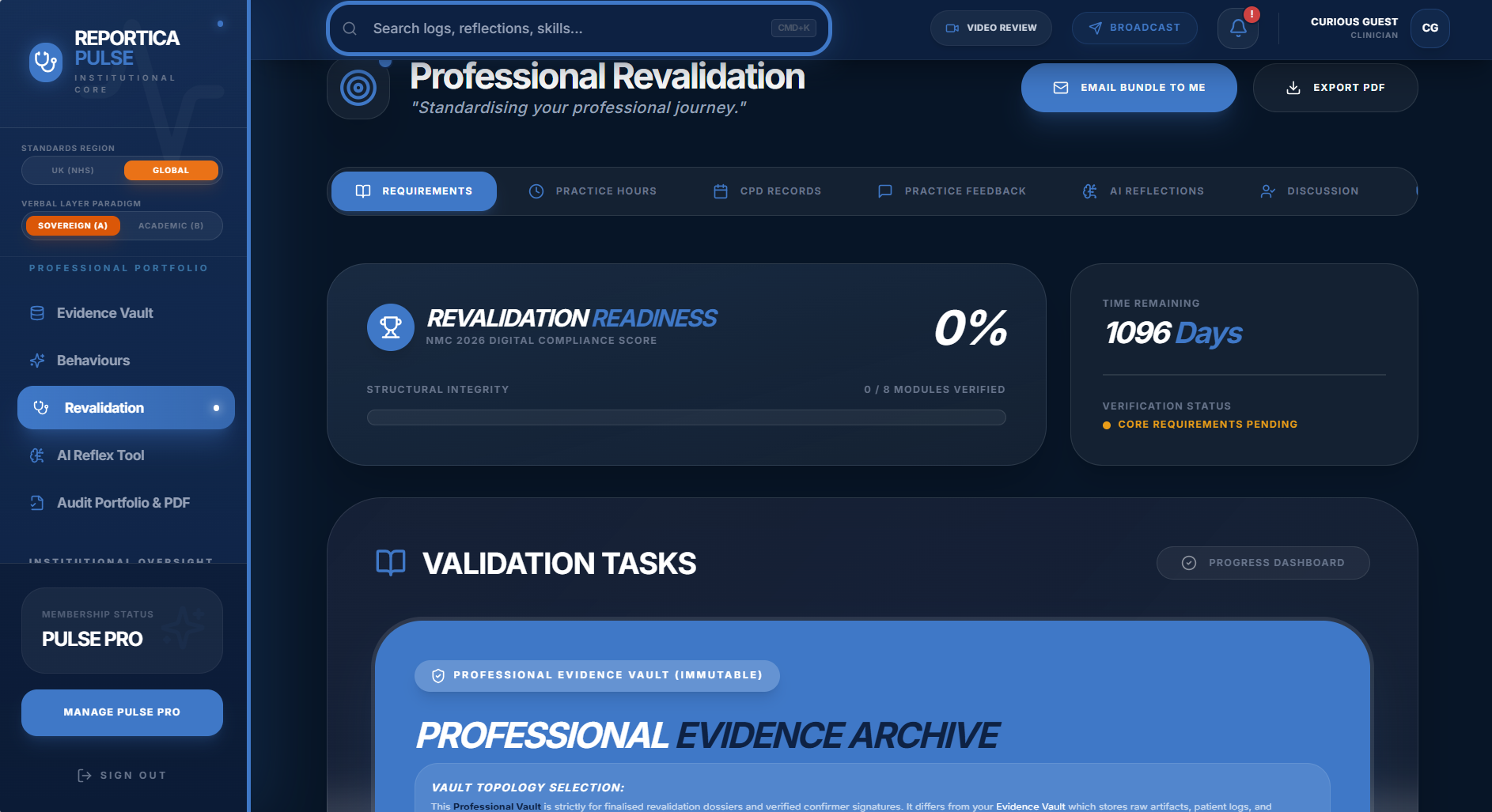 Screenshot of The Revalidation module: helps you prepare for professional renewals. It compiles your gathered data into a structured audit trail for submission