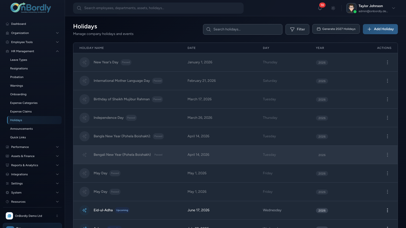 Screenshot of Holidays