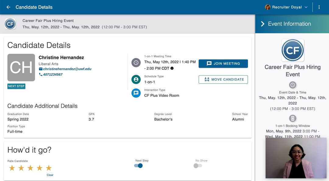 Screenshot of "Candidate Details" Screen from recruiter point of view, while in virtual meeting room with candidate