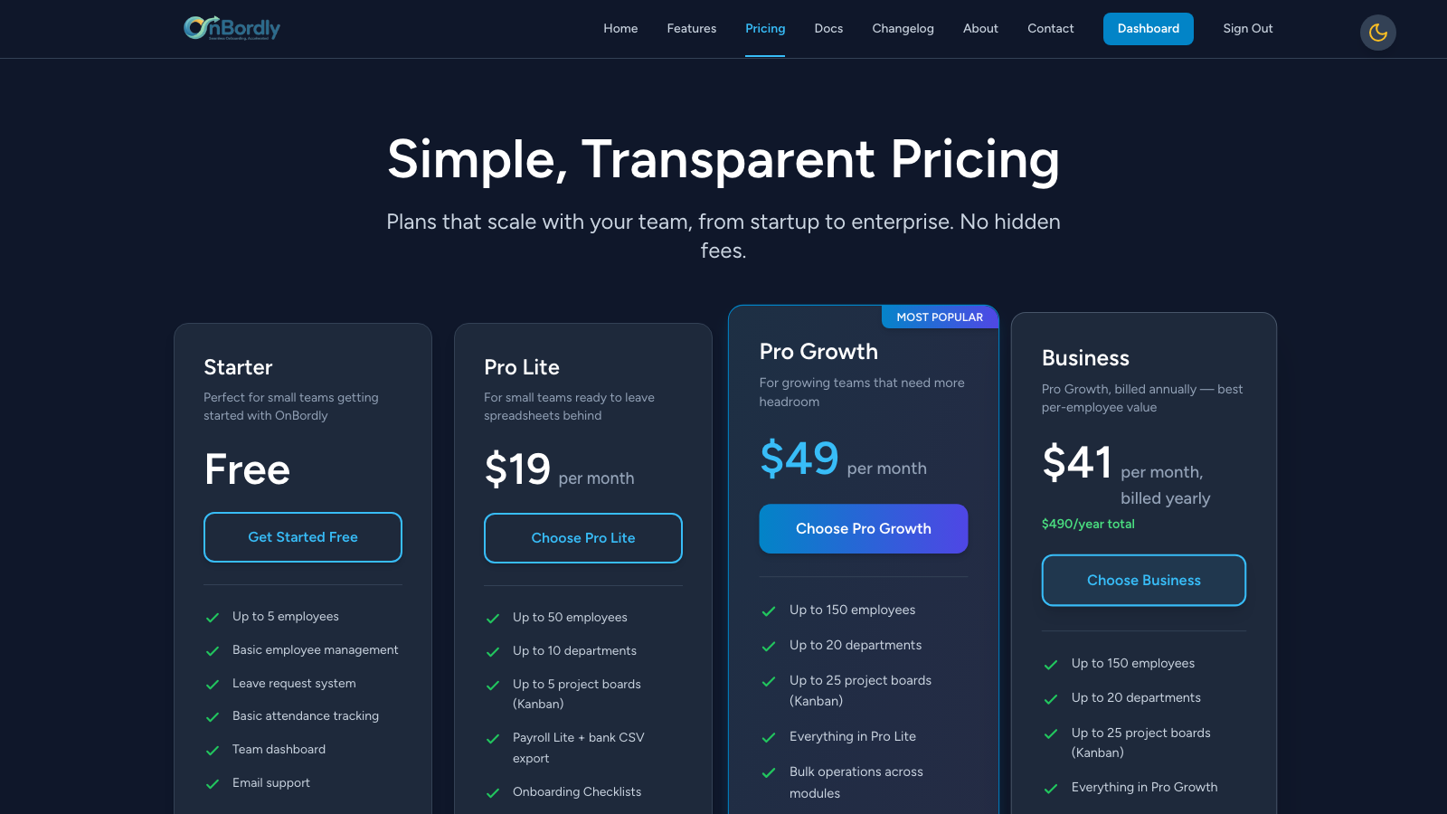 Screenshot of Pricing