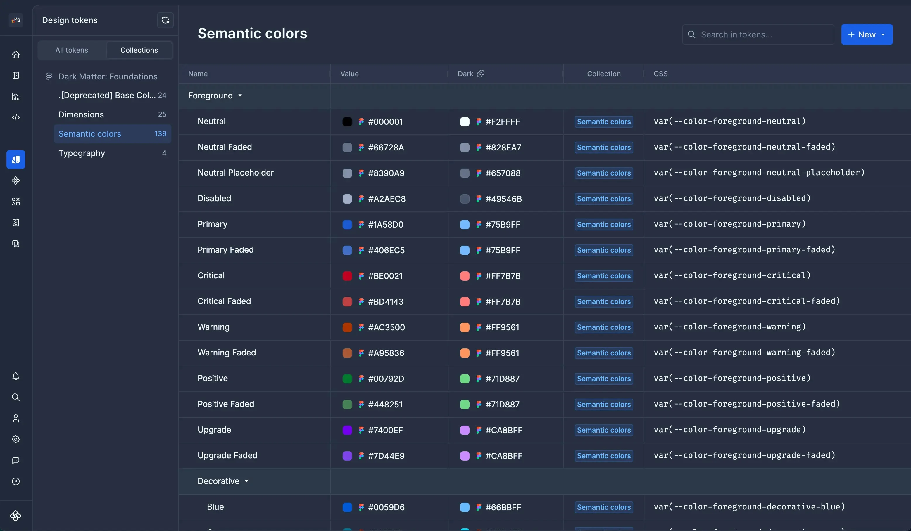 Screenshot of a full semantic token library with values, dark-mode variants, and ready-to-use CSS variables — keeping design and code perfectly in sync across collections.