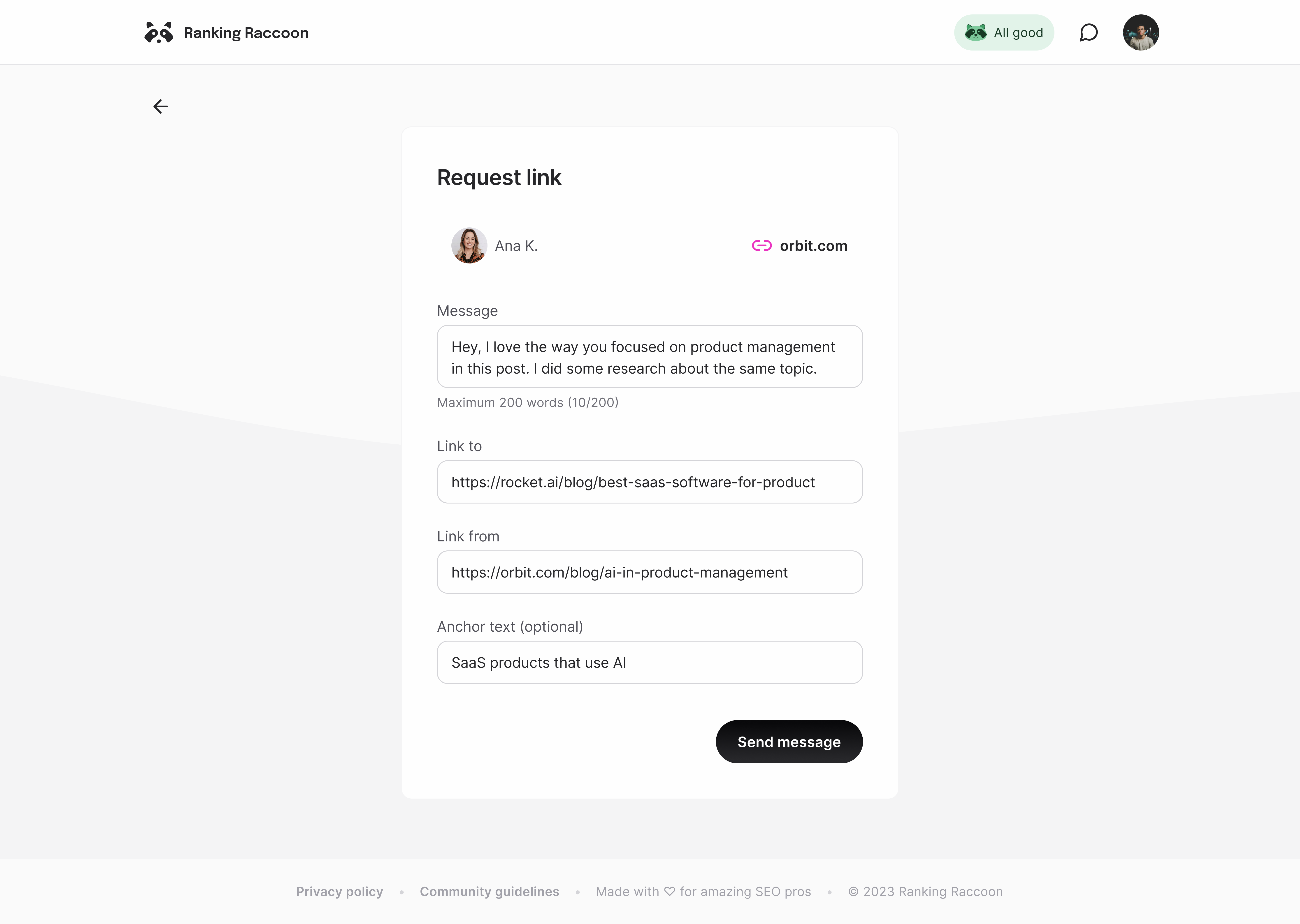 Screenshot of the link request flow, where the user specifies the source and destination URLs and the anchor text.