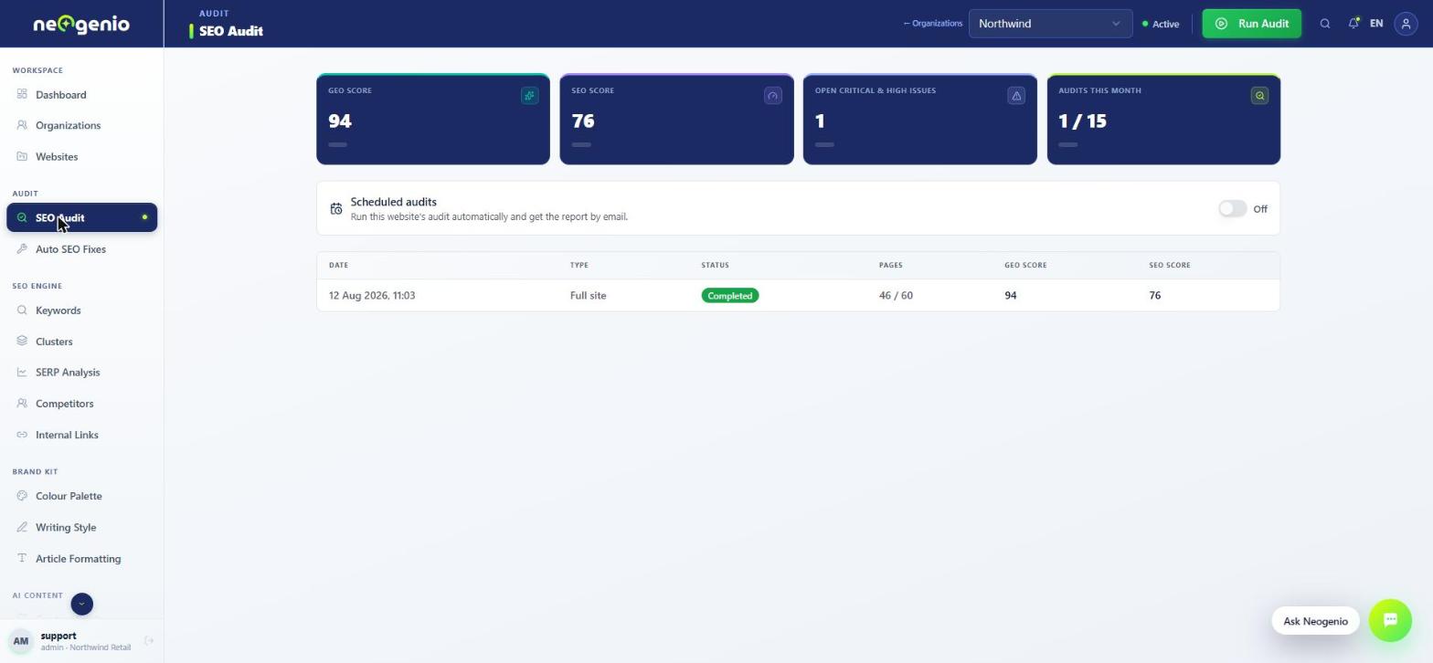 Screenshot of SEO Audit overview: current GEO and SEO scores for the website, open critical and high issues, audit allowance used this month, and every audit run with its page count and scores. Audits can be scheduled to run automatically and arrive by email.