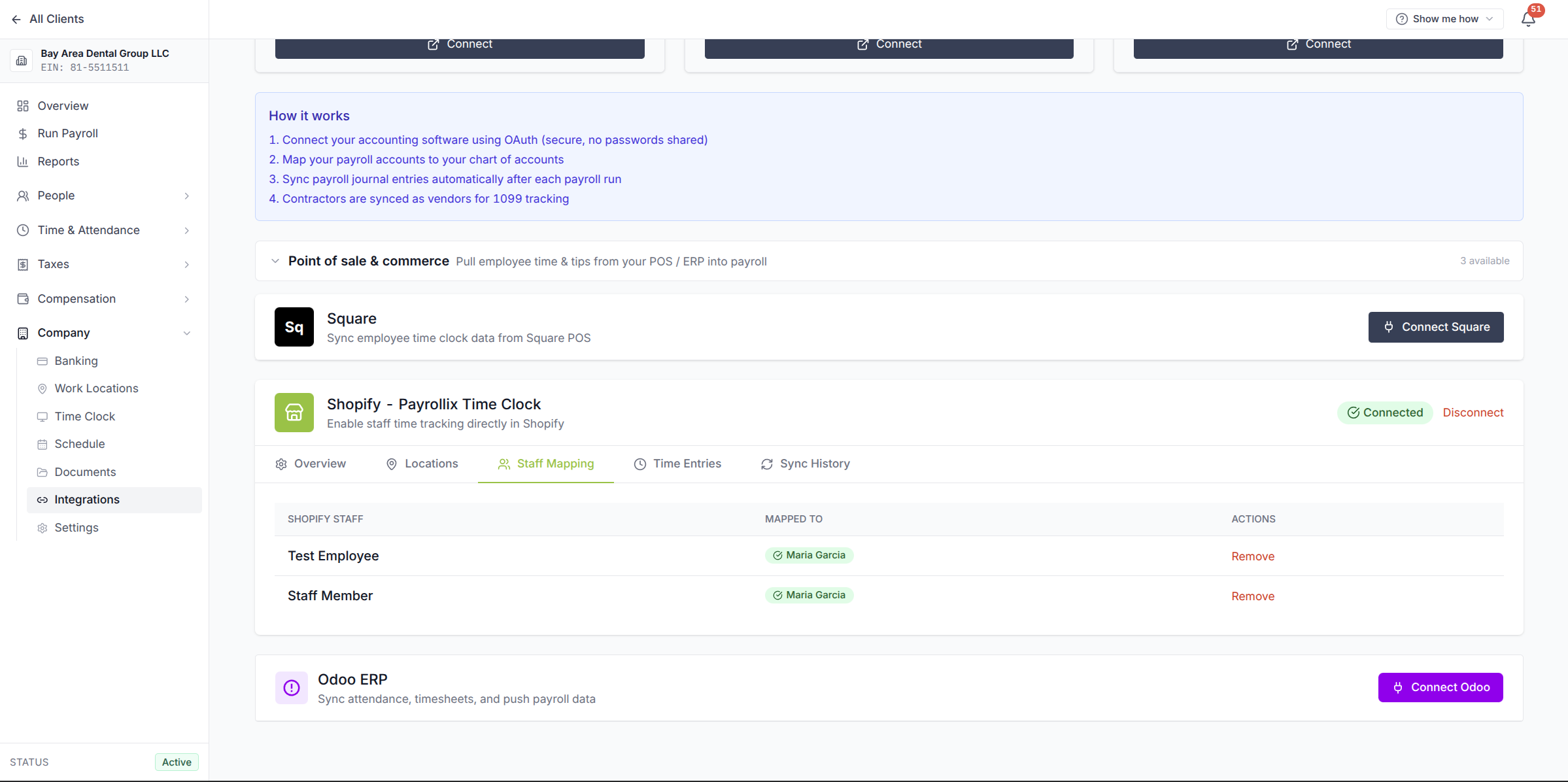 Screenshot of POS and commerce integrations — pull employee time from Square and Shopify (including a staff time clock inside Shopify) and sync with Odoo ERP.
