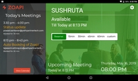 Screenshot of Zoapi Room Scheduler - View the entire meeting room calendar in one go and book ad hoc meetings with a single click through the Room Scheduler app on the Tablet attached to the door.