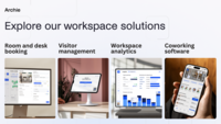 Screenshot of room and desk booking, visitor management, coworking, and workspace analytics.