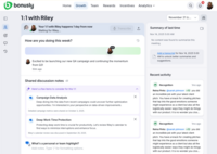 Screenshot of Bonusly’s 1:1 workspace, which brings structure, shared notes, discussion topics, and past highlights into a collaborative view. Managers and employees stay aligned on priorities, celebrate wins, and address blockers early, with context from recognition and feedback woven in.