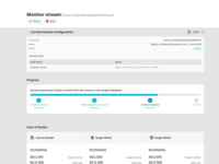 Screenshot of the monitoring interface showing active data transfer with progress tracking, status indicators, and detailed metrics. Displays current stream configuration, progress stages, performance statistics from source reader and target writers, and system logs for troubleshooting. Users can pause or stop transfers while monitoring data volume and transfer rates.