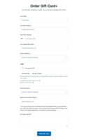 Screenshot of the Gift Card+ Order For, used to place gift card orders. Select delivery method, add a message, upload a logo, and choose a dollar amount and quantity. No minimum order quantities. Only pay for the gift cards, no additional service fees.