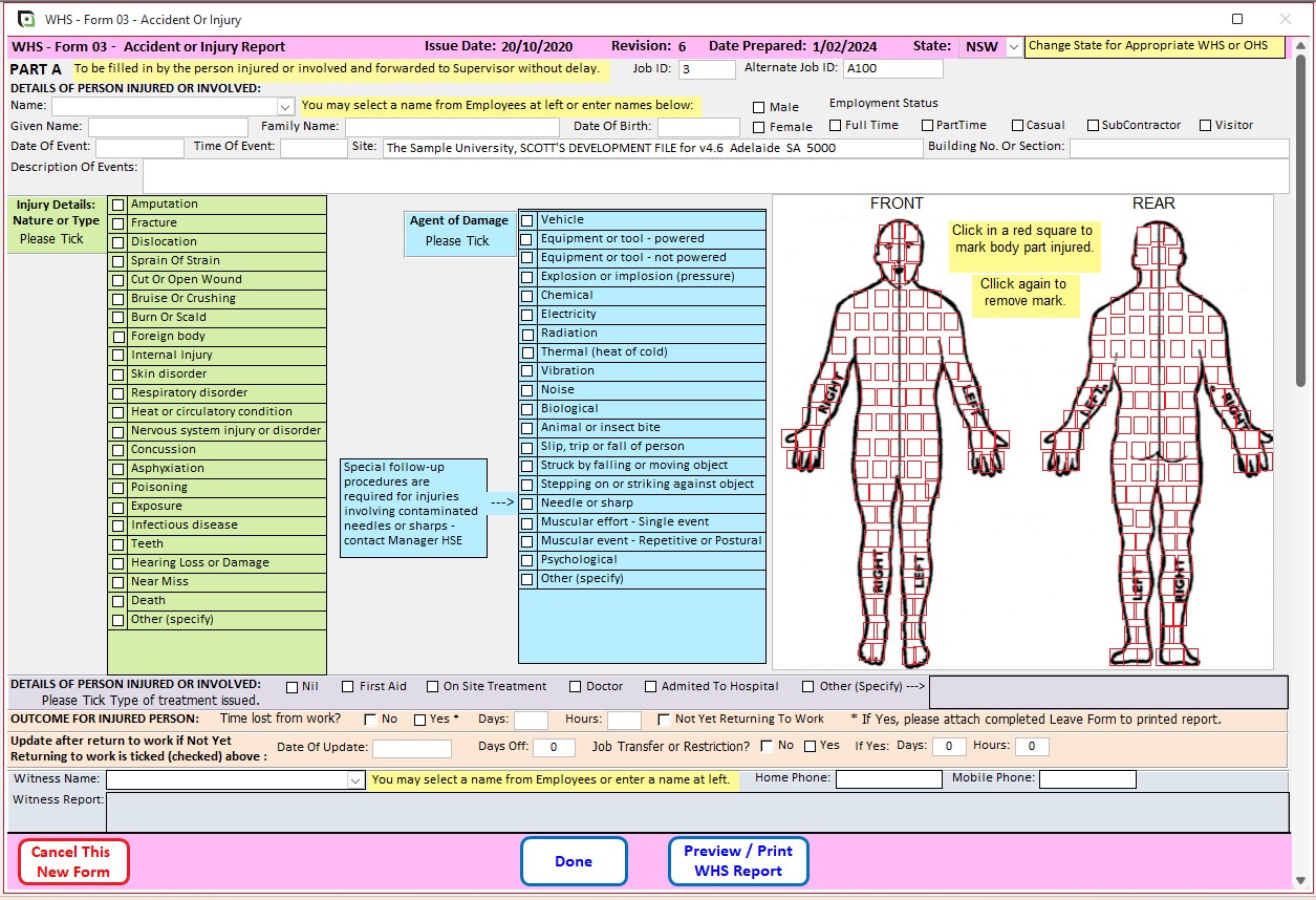 Screenshot of Accident or Injury reports