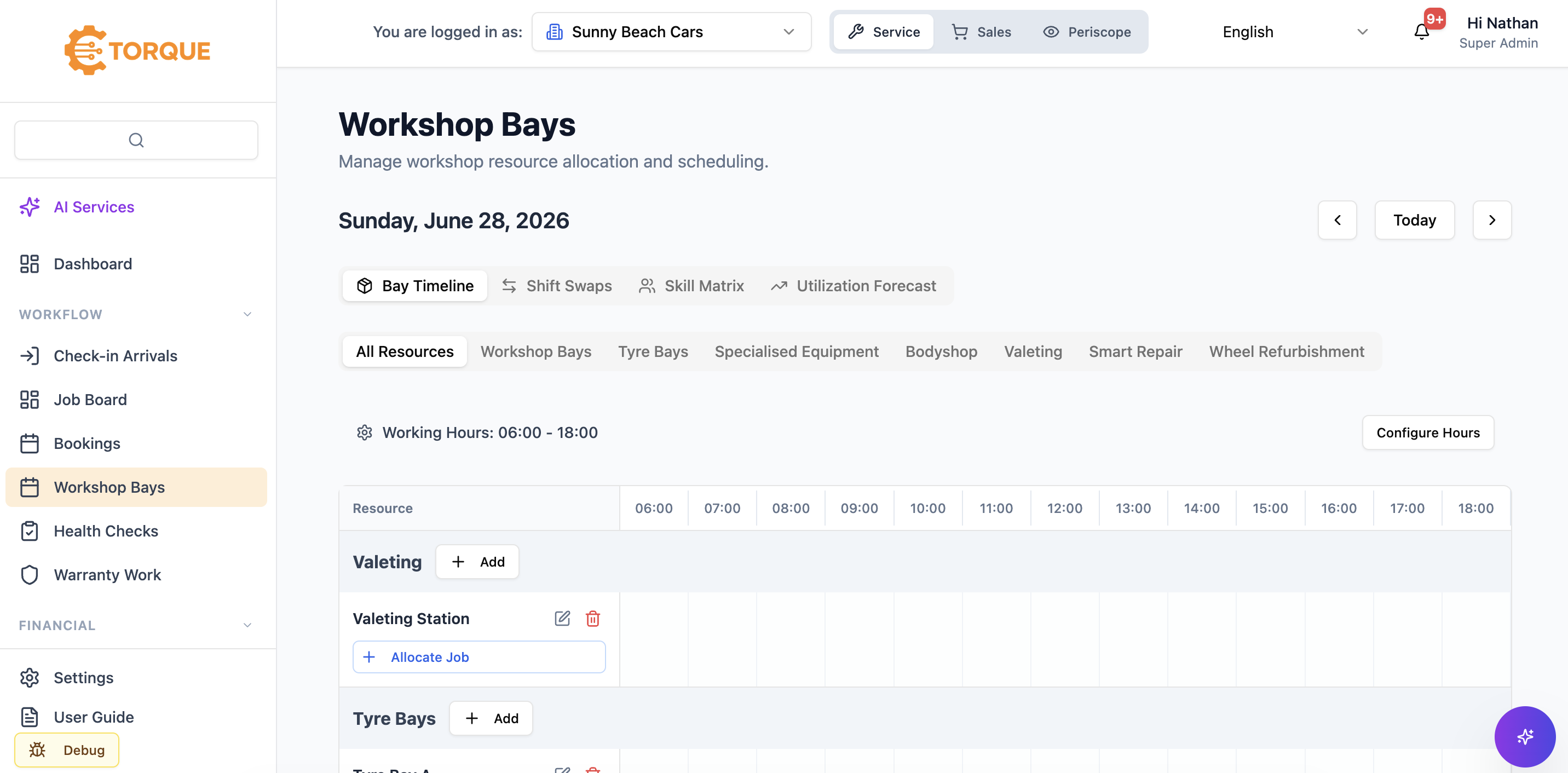 Screenshot of The Workshop Bays bay timeline view for a single day (Sunday 28 June 2026). Shows resource allocation across Valeting, Tyre Bays, and other specialised bays with a 06:00–18:00 timeline and tabs for Shift Swaps, Skill Matrix, and Utilisation Forecast.