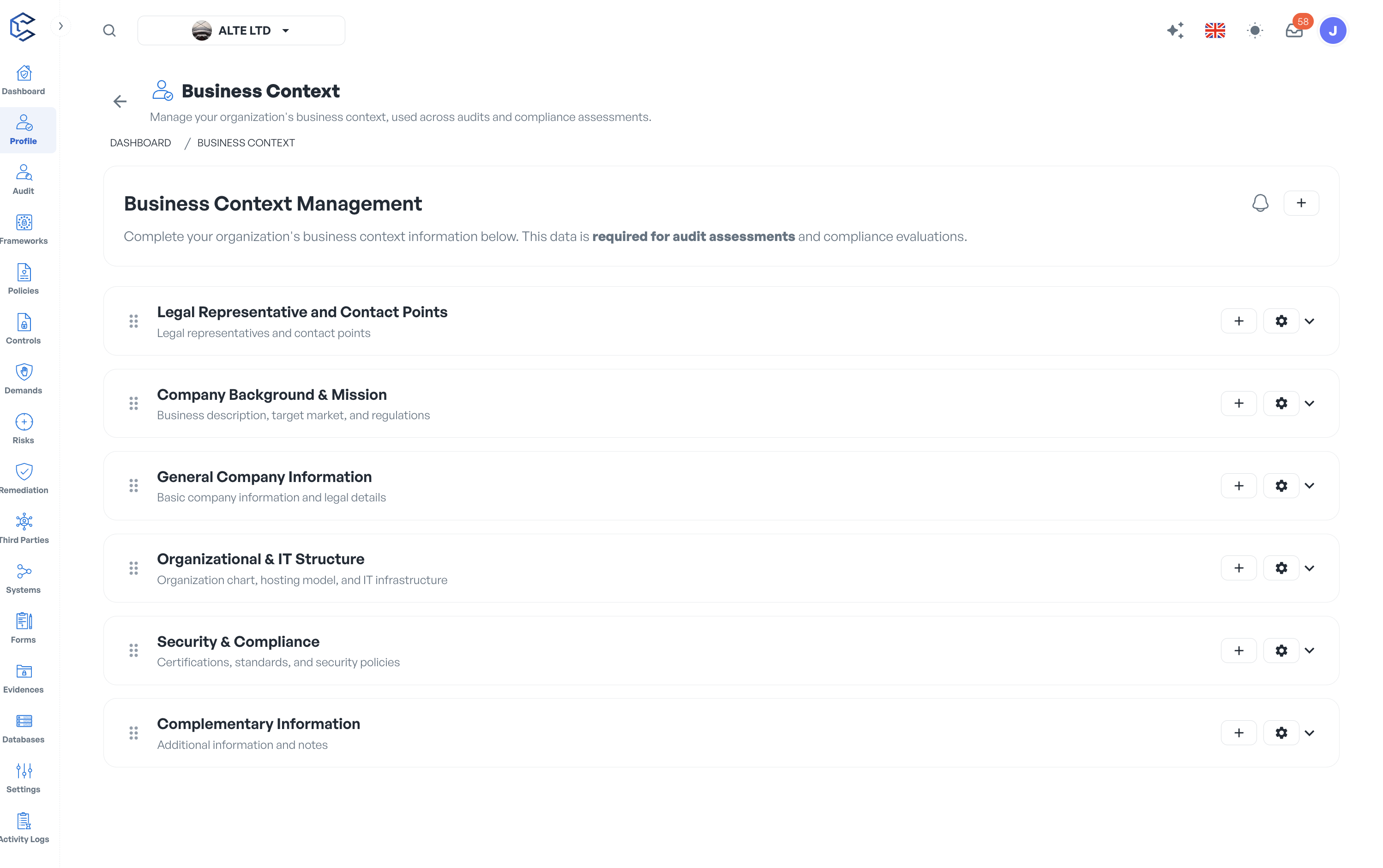 Screenshot of Profile Management - The organization’s business, governance, IT, and regulatory information is centralized in a single profile. Define organizational context, legal entities, business units, sites, systems, stakeholders, and compliance scope to establish the foundation for effective cybersecurity governance and compliance management.