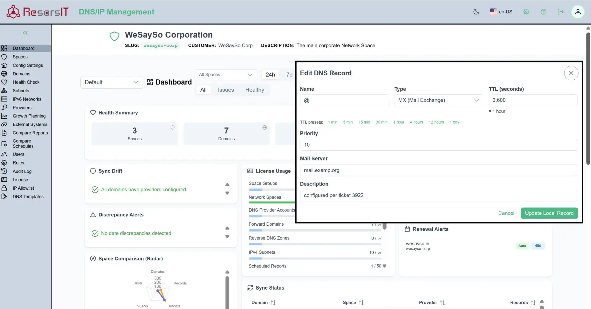 Screenshot of Dashboard with overlay of DNS record edit
