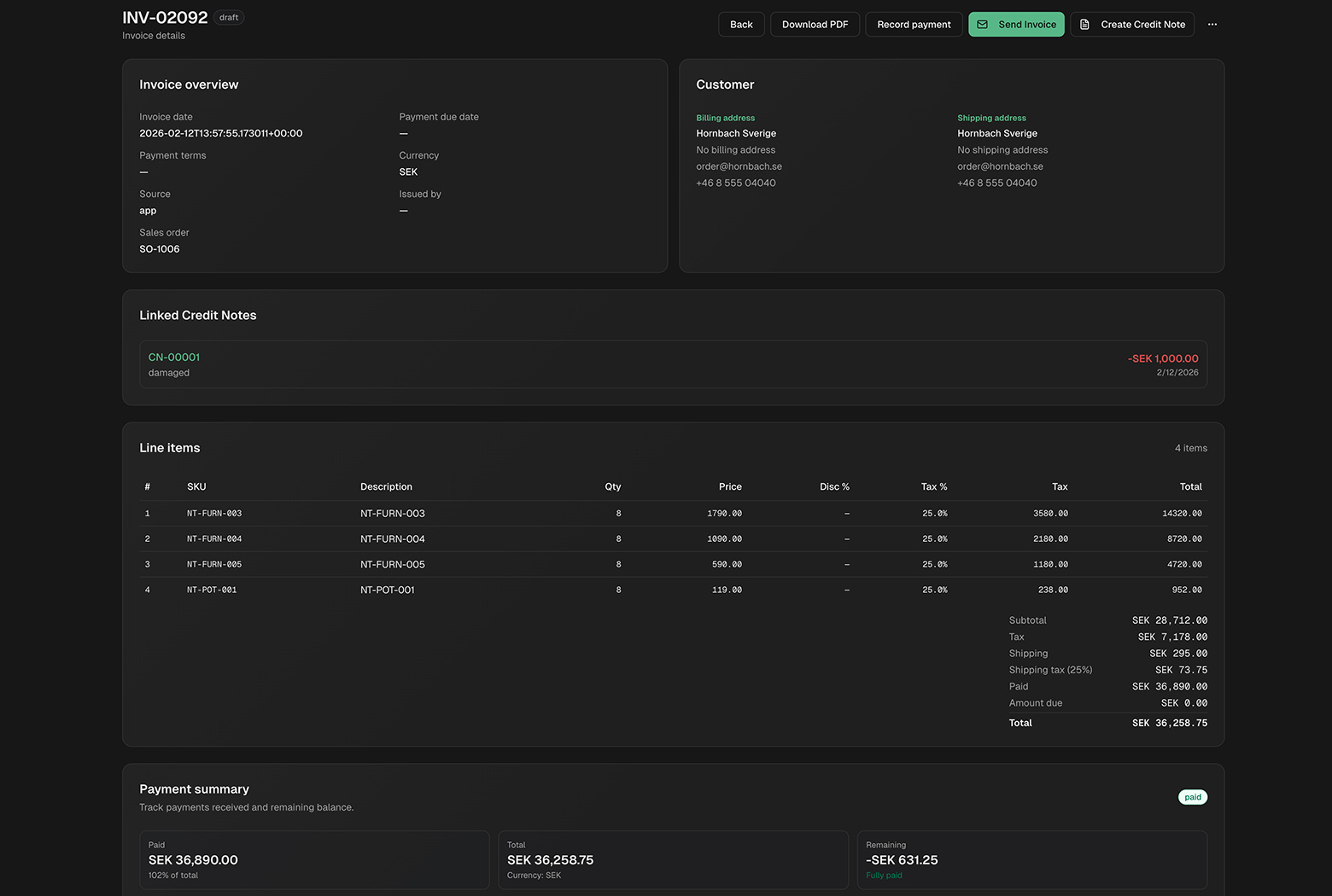 Screenshot of Invoice