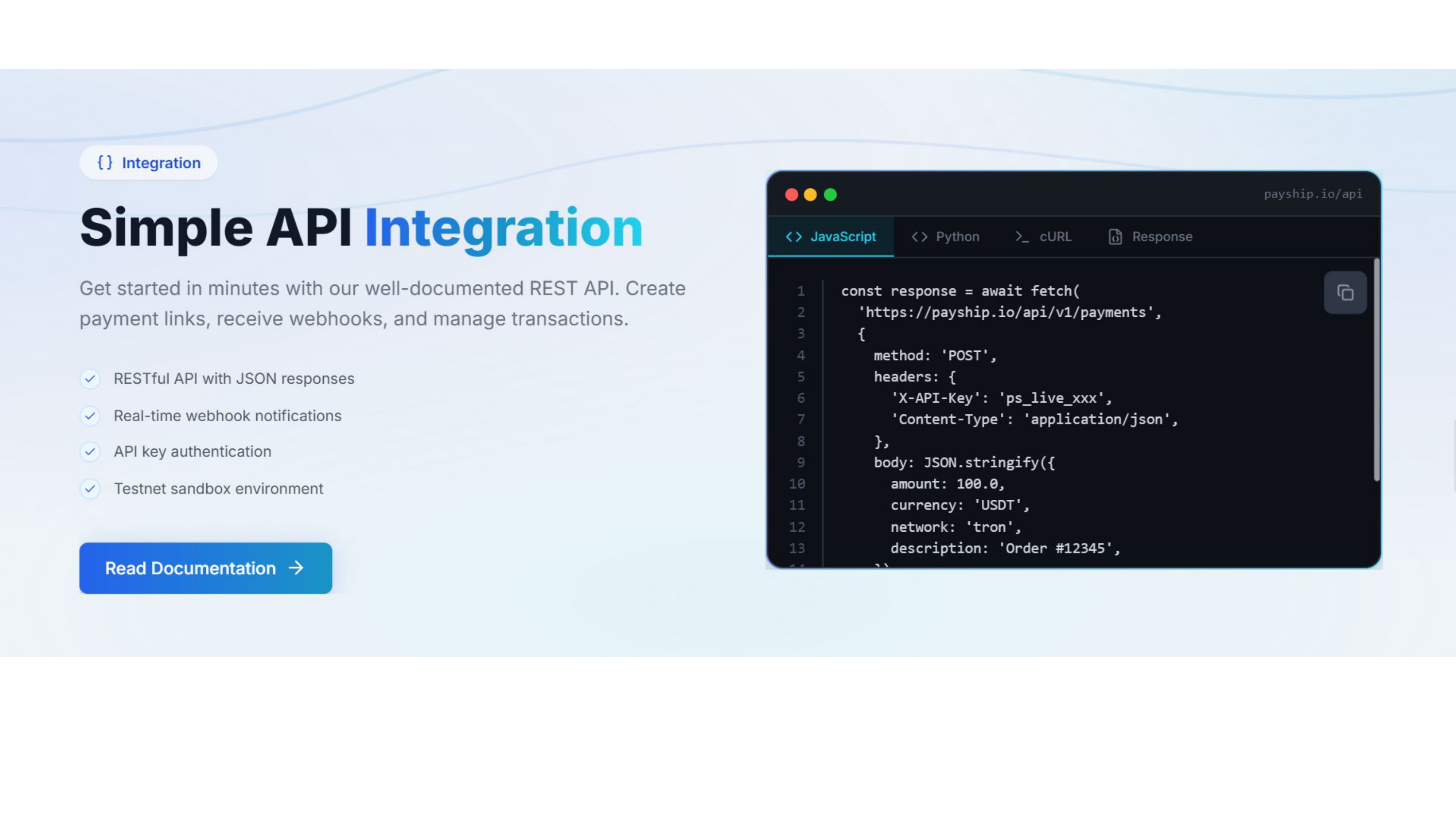 Screenshot of REST API with real-time webhooks for fast integration