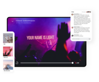 Screenshot of Subsplash's church media platform, which features live streaming with chat, end-to-end media workflow & publishing, personalized media recommendations, no ads or distractions, and analytics.