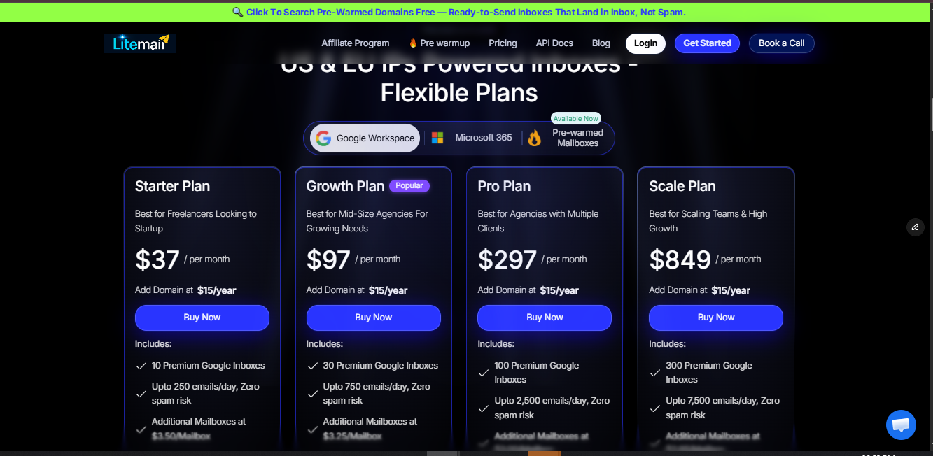 Screenshot of LiteMail AI pricing plans for scalable cold-email infrastructure, offering 10–300 Google Workspace inboxes with automated DNS, SPF, DKIM, DMARC, and US/EU IP infrastructure.