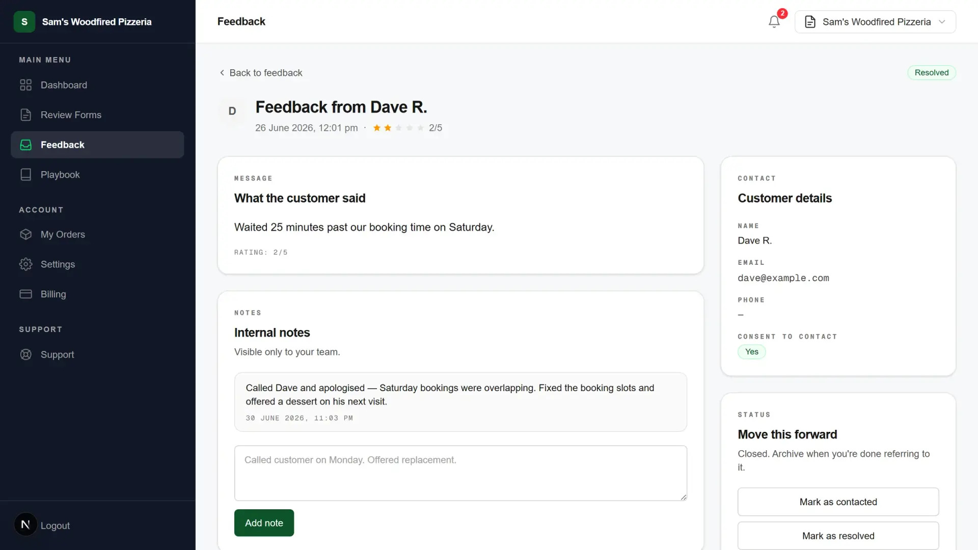Screenshot of Feedback Detailed