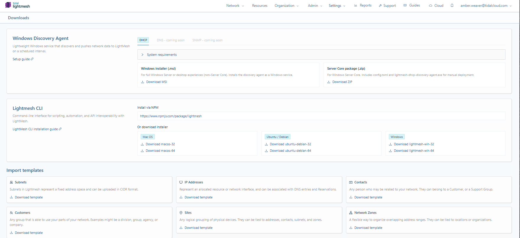 Screenshot of Downloads and imports page