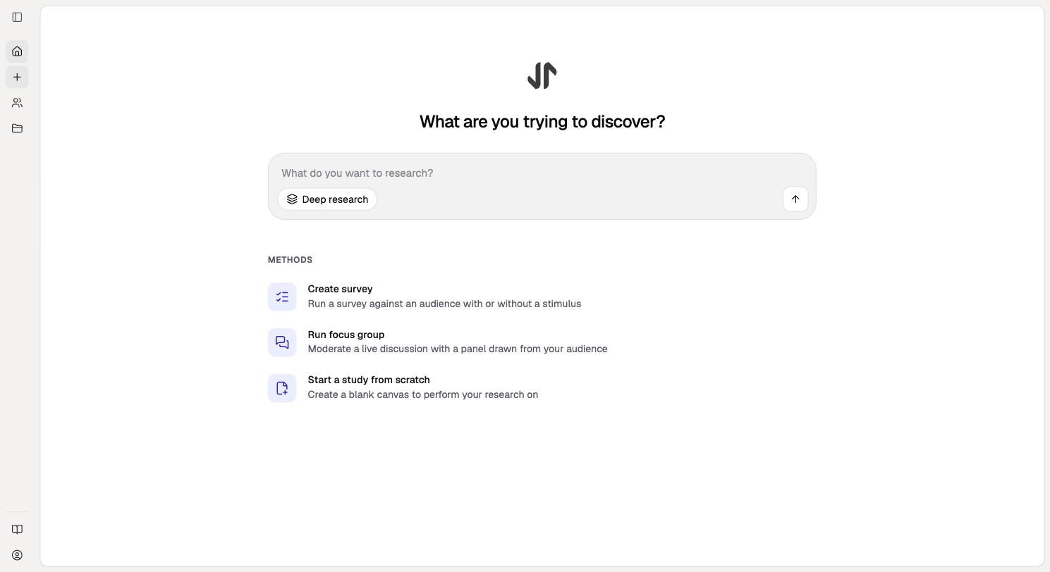 Screenshot of Start a study by asking a research question in plain language, or choose a survey, focus group or blank canvas.