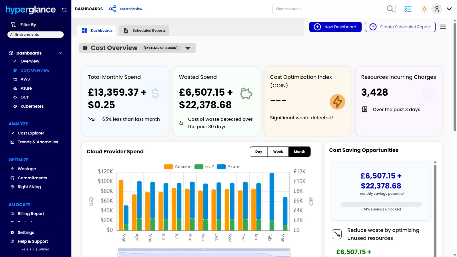 Screenshot of the dashboard that offers a clear view of total cloud spend, wasted spend, savings opportunities, and provider trends. Hyperglance helps teams spot cost issues faster, prioritize optimization work, and turn cloud visibility into measurable savings.
