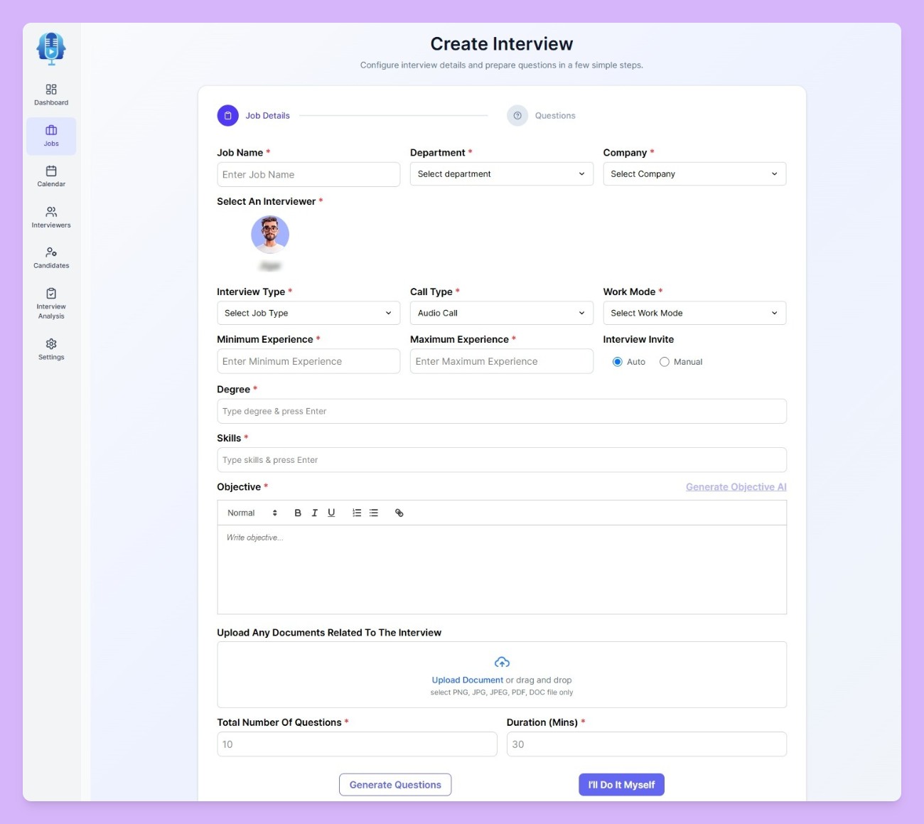 Screenshot of the AI interview structuring tool, used to refine job roles, required skills, experience, interview duration, objectives, and automatically generate relevant interview questions using AI.