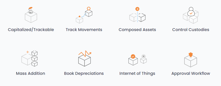 Screenshot of feature areas, including: assets movement tracking/lifecycle management/One touch for mass additions/Custody controls/Workflow approval/Book depreciations/Employee Portal
