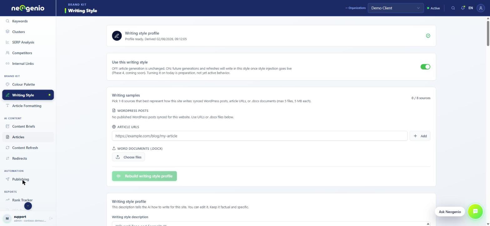 Screenshot of Brand kit, writing style: a style profile built from the site's own published posts, article URLs or Word documents, so generated articles match how the site already writes.