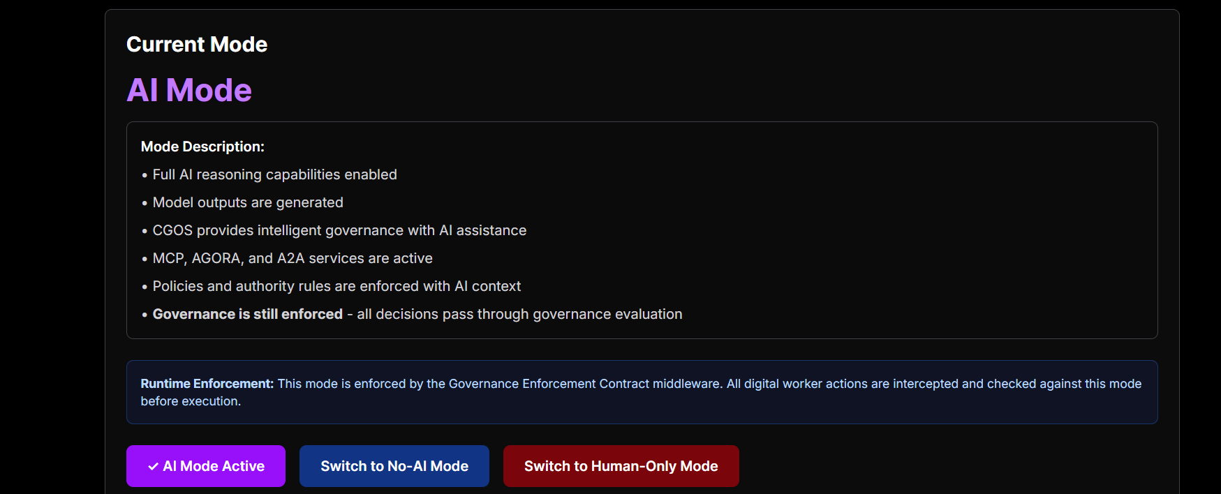 Screenshot of Demonstrates AI, no-AI, and human-only governance modes with runtime enforcement and human oversight.
