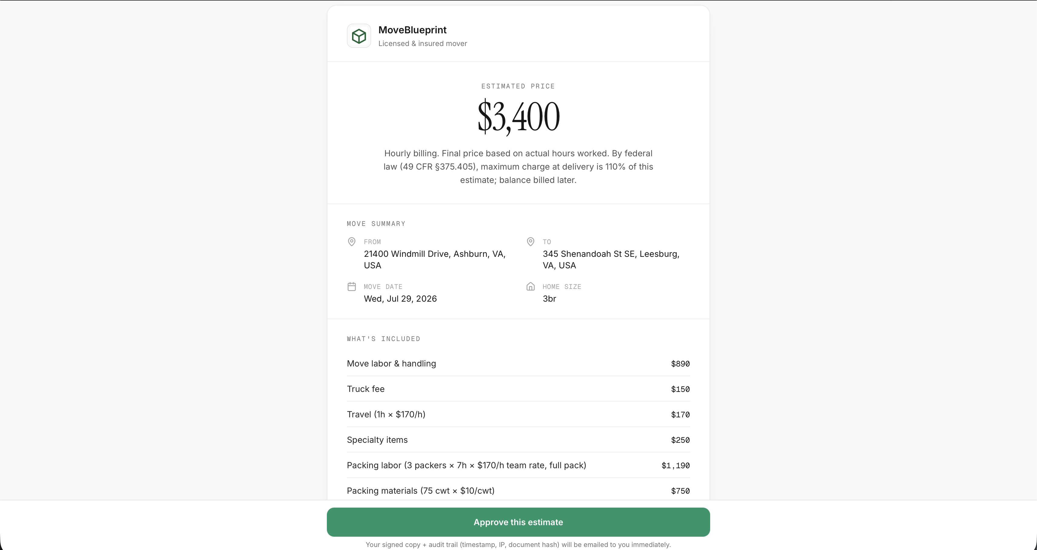 Screenshot of Accurate estimate with e-sign and deposit.