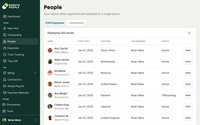 Screenshot of Remote People People Management, a comprehensive employee directory with detailed profiles, contract status, compensation details, and document management for distributed teams.