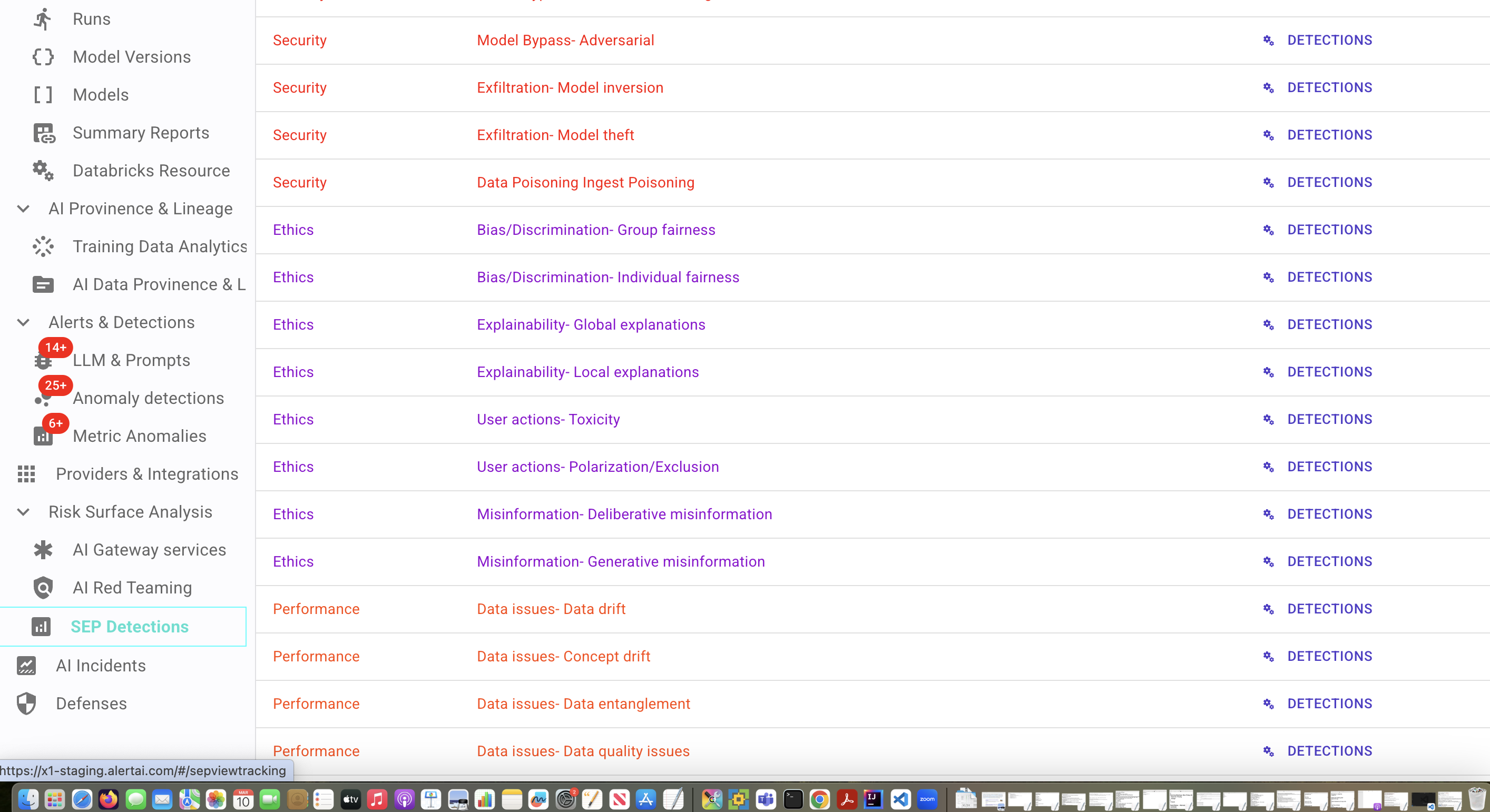 Screenshot of Alert AI Detectors by Category (GenAI/LLM Application Risks) 3