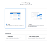 Screenshot of where users can build onsite (sponsored products, onsite display/video) or offsite campaigns through Commerce Max.